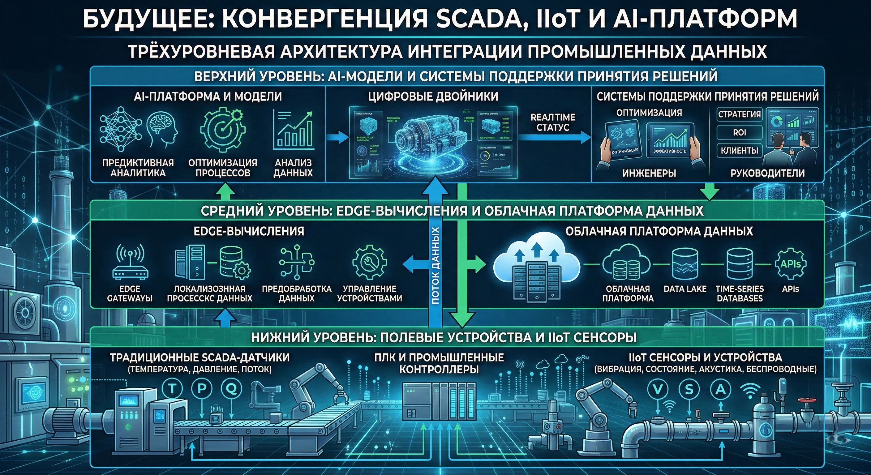 Будущее: конвергенция SCADA, IIoT и AI-платформ — трёхуровневая архитектура