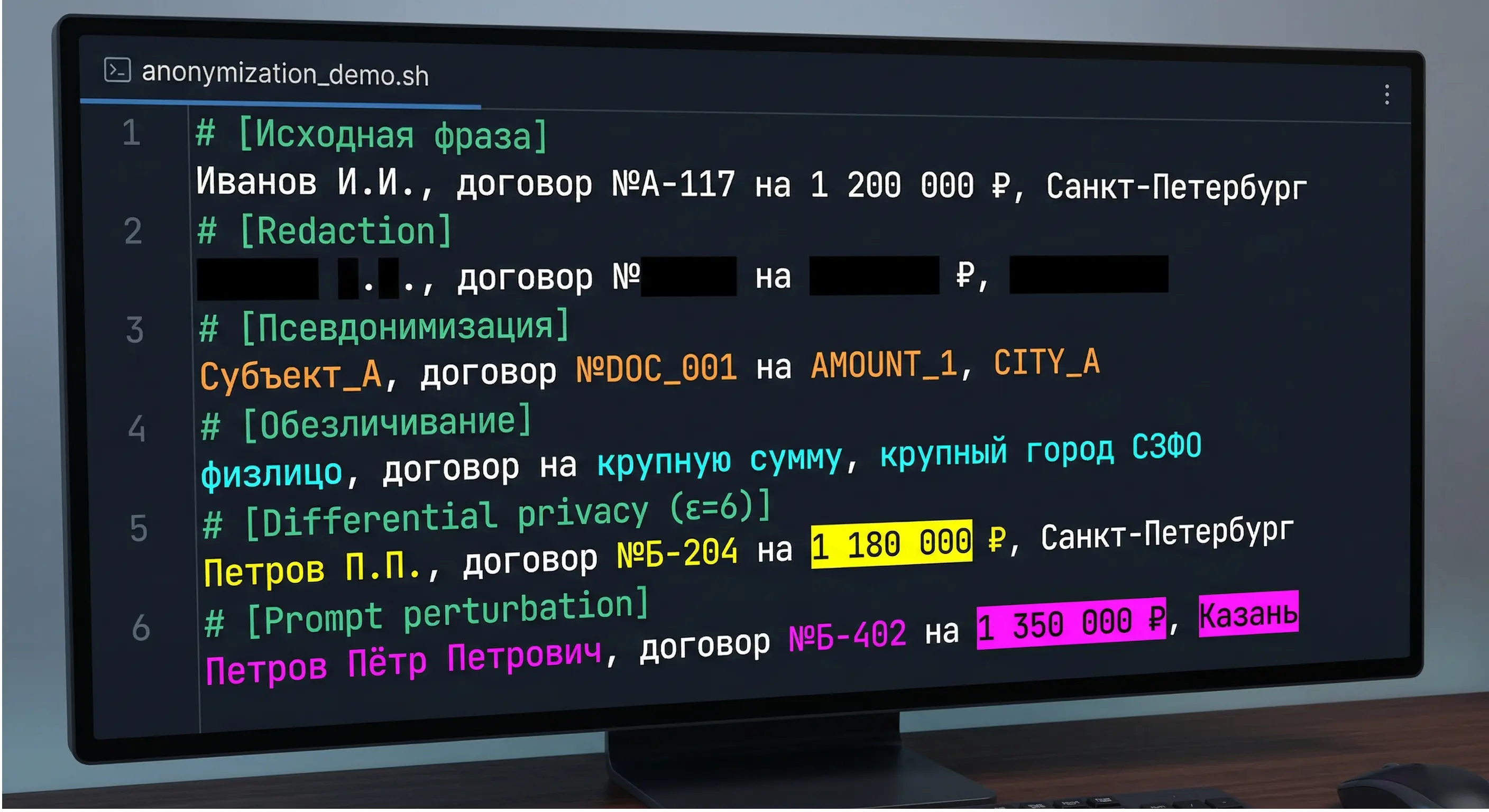 Сравнение пяти техник защиты данных на одной фразе — redaction, псевдонимизация, обезличивание, дифференциальная приватность, prompt perturbation