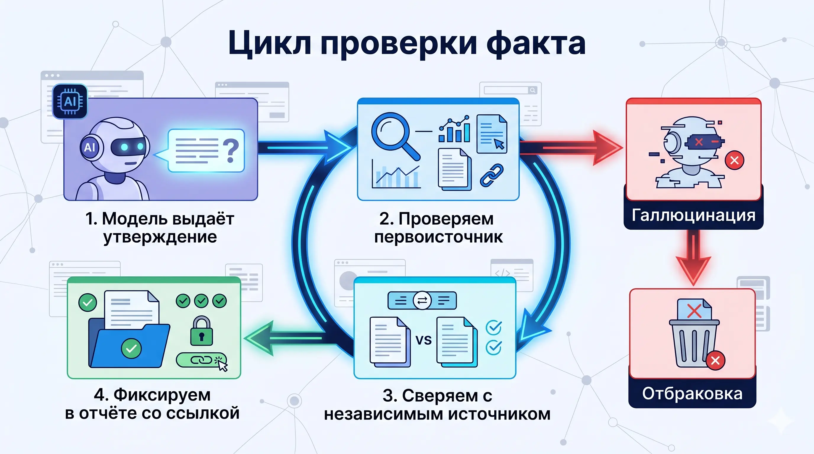 Цикл проверки факта в ИИ-разведке: утверждение модели, проверка первоисточника, сверка с независимым источником, фиксация в отчёте со ссылкой