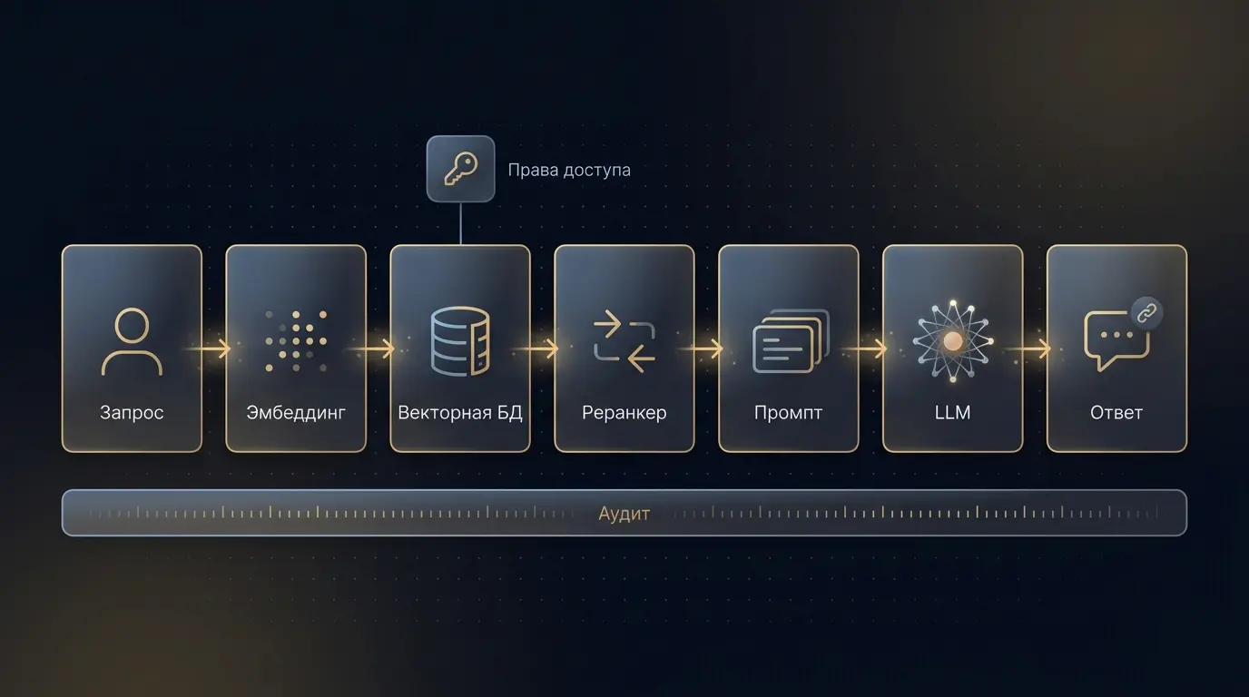 Схема RAG-конвейера: запрос пользователя, embedding, поиск в vector store, reranker, prompt builder, LLM и ответ со ссылками на источники
