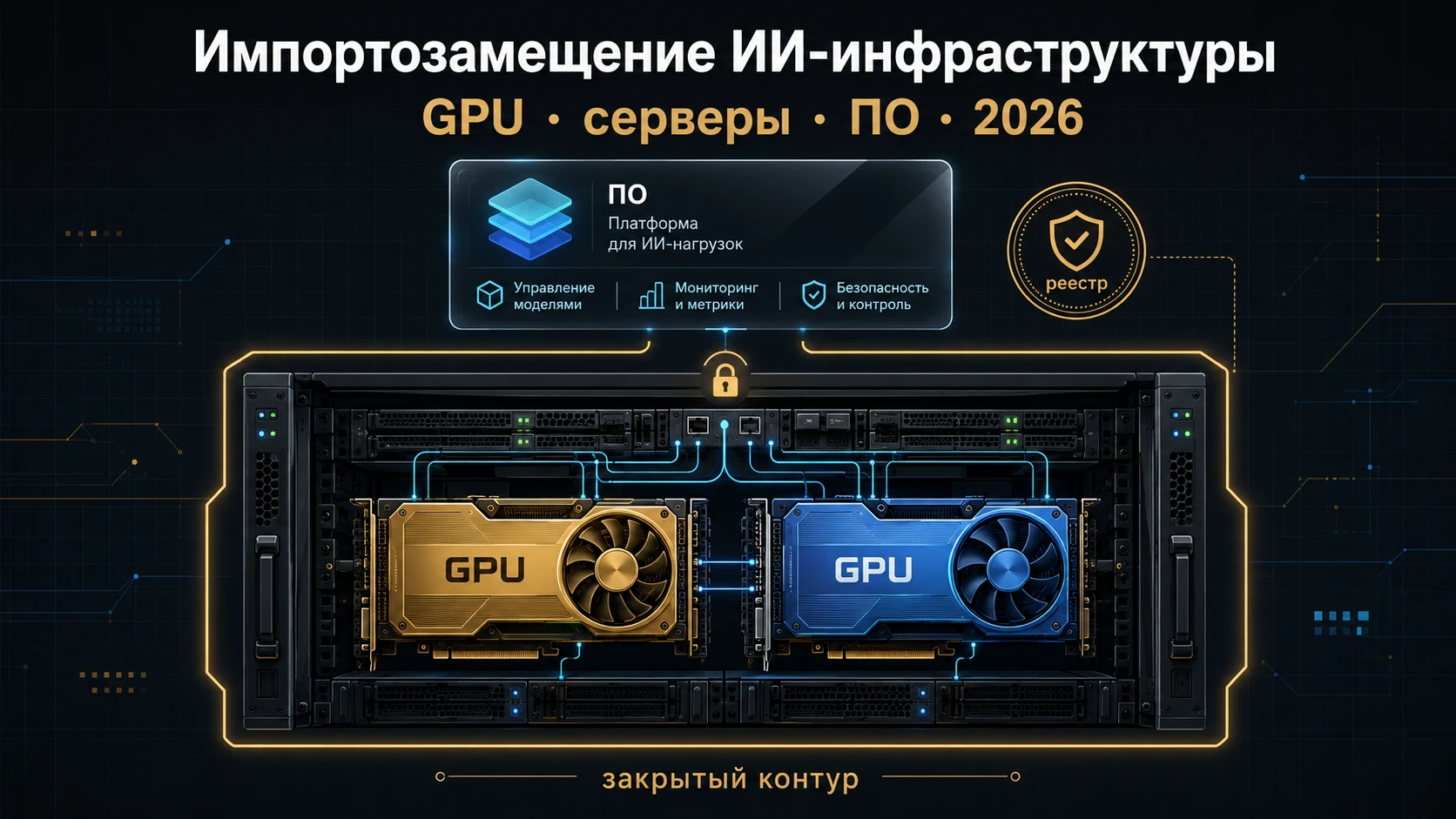 Гибридная ИИ-инфраструктура в закрытом контуре КИИ: отечественное серверное шасси из реестра Минпромторга с ускорителями NVIDIA под обучение и Ascend под inference, поверх — открытый софт-стек на российском Linux