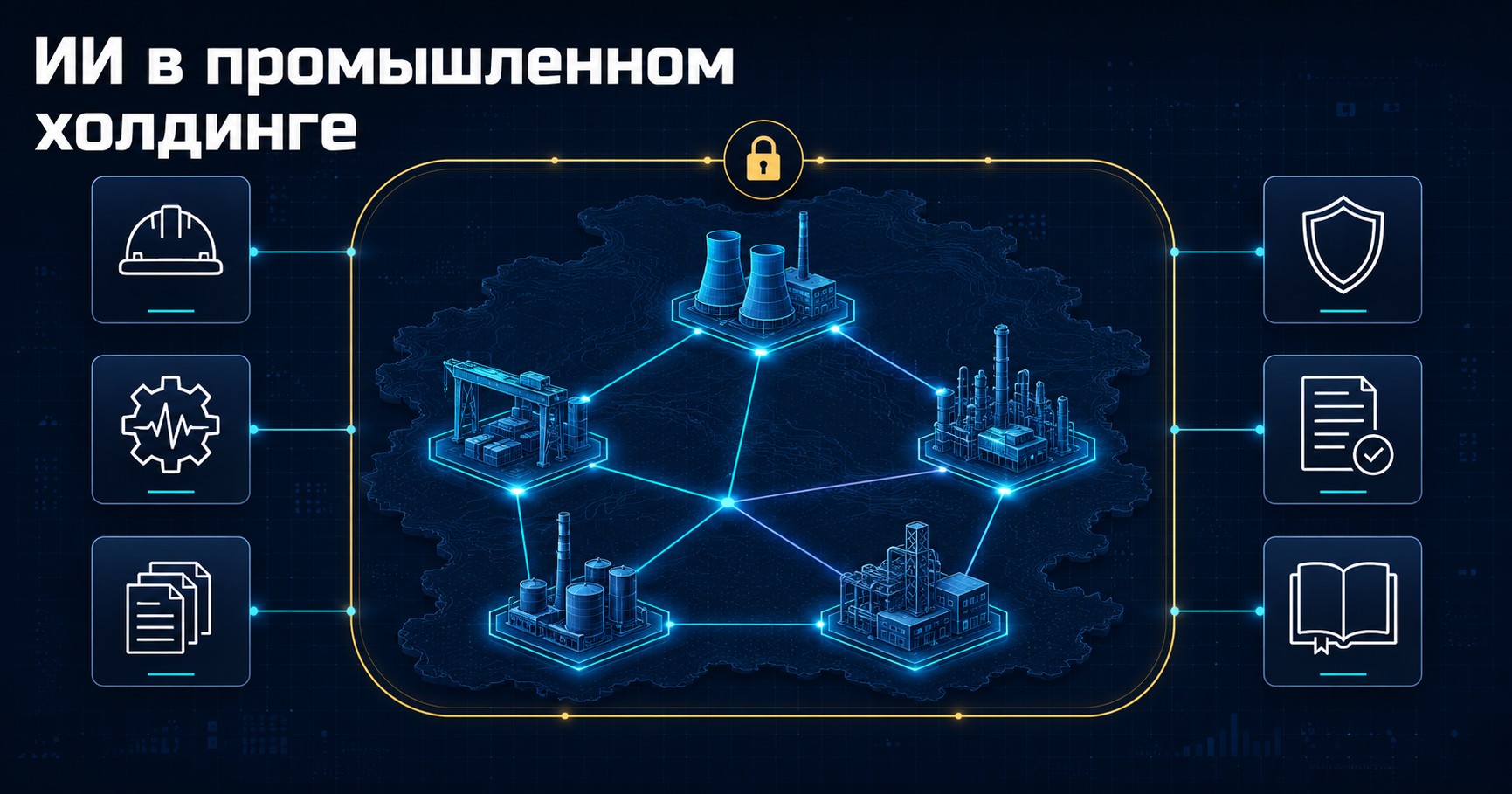 Карта применения ИИ в промышленном холдинге: шесть точек роста — СИЗ, предиктивное обслуживание, документы, ИБ, договоры и RAG — в едином закрытом контуре
